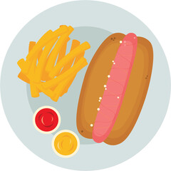 a plate with french fries, hot dog, sauces