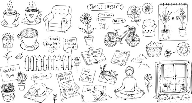 Black and white hand-drawn simple lifestyle concept doodle art featuring cozy home elements like coffee, armchair, plants, books, bicycle, and a meditating person.