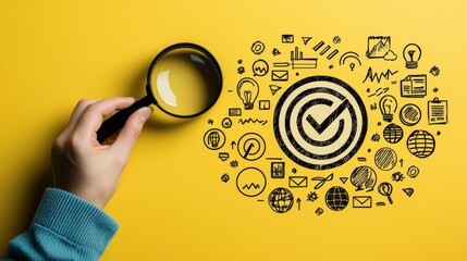 A close-up shot of a hand holding a magnifying glass over hand-drawn symbols on a bright yellow background, symbolizing analysis and attention to detail in creative work.
