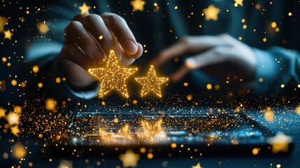 A close-up of a hand placing golden star-shaped decorations onto a tablet screen, surrounded by shimmering golden sparkles, creating a magical and festive atmosphere.
