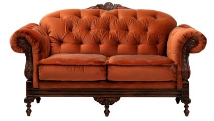 Velvet Sofa Has Tufted Texture.  Vintage, elegant style couches and seating.  Interior design, stage set, or movie background.