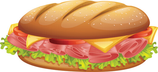 vector illustration of a burger with cheese, sausages and veggies
