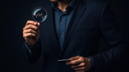 A businessman analyzing a growth graph through a magnifying glass, conveying a sense of focus and determination. The dark background highlights the professionalism of the subject.