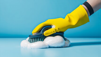 Hand in yellow glove cleaning surface with scrub brush and soap foam on blue background
