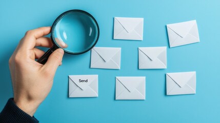 A hand holding a magnifying glass over a collection of white envelopes on a bright blue background, symbolizing communication and attention to detail in sending messages.