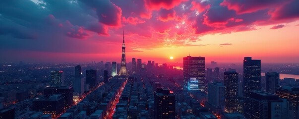 Tokyo skyline ablaze with sunset hues, skyscrapers silhouetted , downtown, japan