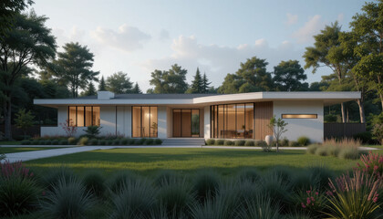 Fototapeta premium Modern, single story house with large windows and flat roof is surrounded by lush green lawn and trees, creating serene and inviting atmosphere. minimalist design emphasizes clean lines and open