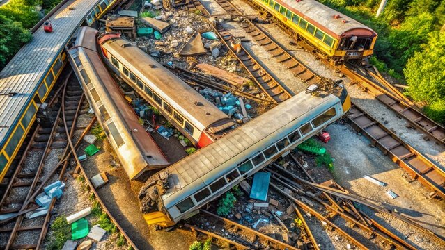 Aerial View of Derailed Passenger Train Cars, Railway Accident Aftermath