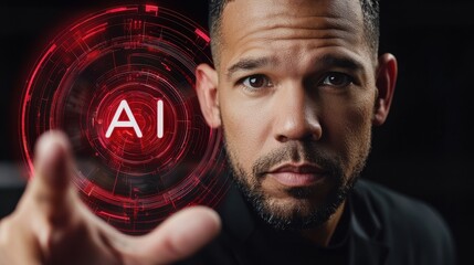 A focused man with medium skin tone and short beard expertly interacts with a digital interface, showcasing the concept of artificial intelligence in a modern setting.