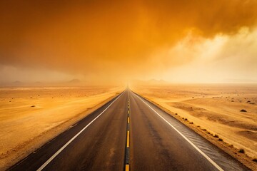 Naklejka premium Deserted Highway Dust Storm: Hazardous Arid Desert Driving Conditions
