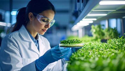 Scientist examining plant seedlings in a laboratory greenhouse with sustainable food research.