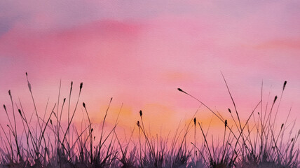 Obraz premium Watercolor art of grass field at dawn with soft pink hues creating serene atmosphere