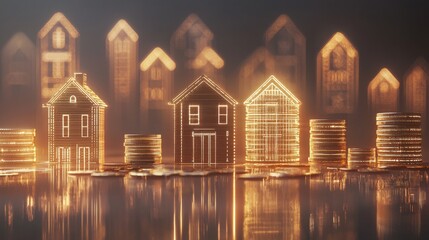 A visually striking depiction of illuminated house silhouettes with golden coins, representing real estate investment and financial growth in a modern, abstract style.