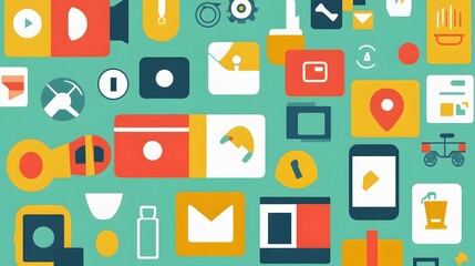 Colorful flat design icons arranged in a seamless pattern.