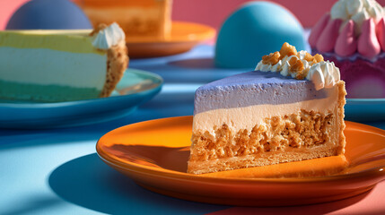 Slice Of Modern Cheesecake On Bright Orange Plate Against Vibrant Backdrop
