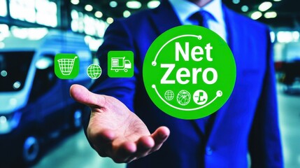 A male business professional in a blue suit promotes sustainability with a 'Net Zero' graphic, emphasizing eco-friendly practices in logistics and commerce.