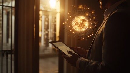 A middle-aged man of Asian descent stands in a dimly lit room, using a tablet while a glowing 3D sphere appears above it, symbolizing innovation and technology.