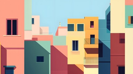 Colorful urban buildings in a stylized illustration.