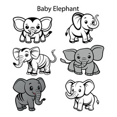 Obraz premium Collection of cartoon baby elephants features varied line styles and cute, friendly faces on transparent background