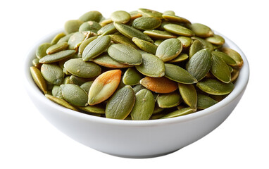 Green pumpkin seeds in white bowl display their texture with bright lighting. Use for food content, recipes, or health product imagery.