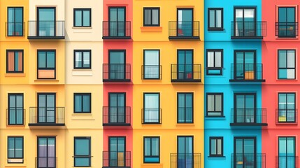 Colorful apartment building facade with balconies and windows.