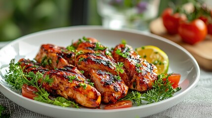 Fototapeta premium Grilled chicken pieces, seasoned and cooked, on a plate with herbs and cherry tomatoes, with lemon wedge