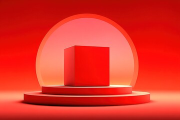 Festive Product Display Podium: Gradient Red-Orange Glowing Lightbox on Minimalist Background, Empty Showcase Space for Ecommerce Advertising
