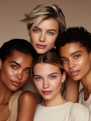 Fototapeta premium Multi-angle Faces Showcasing Diverse Beauty and Skincare Confidence in Soft Neutral Tones Against a Blank Upper Background