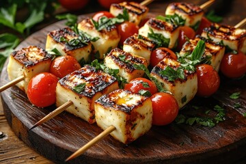 Grilled feta and cherry tomato skewers on a wooden board