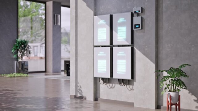 3d rendering battery energy storage system for residential used with digital graphic display 4k footage