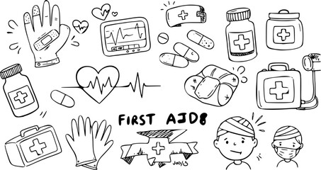 Hand-drawn collection of first aid essentials, medical supplies, healthcare tools, and common health concepts in a detailed doodle style, perfect for emergency and wellness themes.