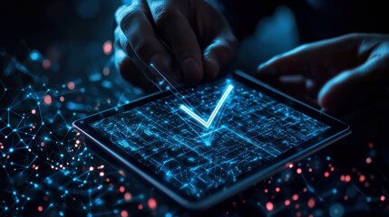 A hand interacts with a digital tablet displaying holographic data and a check mark, symbolizing technology and innovation in a futuristic setting. The scene is illuminated with blue and pink hues.