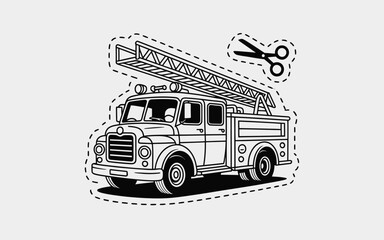 Vintage fire truck with scissors and dashed cut lines