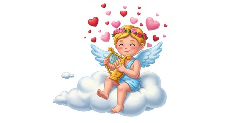Cute child angel playing harp on cloud with hearts