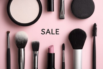 Makeup sale arrangement.  Flat lay of various makeup tools and products, arranged on a pink background with the word "SALE" centered