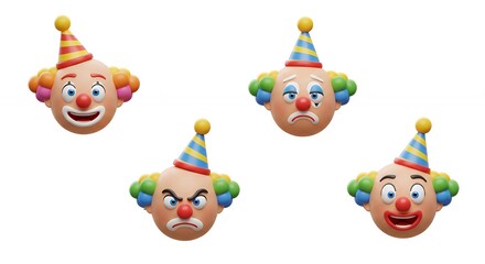 Four cartoon clown faces in different emotions
