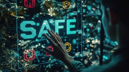 Fototapeta premium A young Asian male interacts with a futuristic digital interface displaying the word 'SAFE.' The scene is illuminated with vibrant blue and gold tones, creating a high-tech atmosphere.