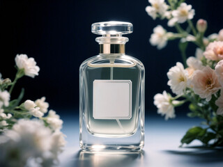 advertising photorealistic photograph of a elite parfume toilet water botle with an empty white paper label without inscriptions, with glare on the glass, studio shooting, artistic light, flowers, wat