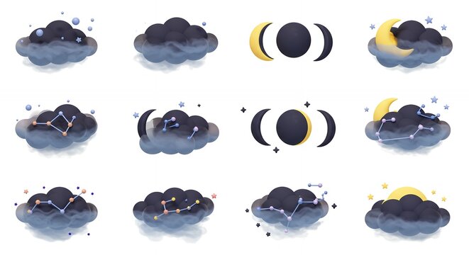 Night sky icons set isolated vector