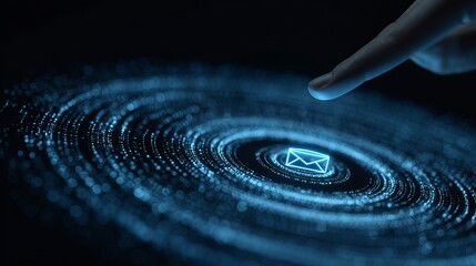 A close-up view of a fingertip touching a glowing digital email icon against a dark, cosmic background.