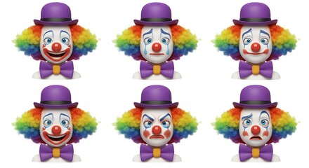 Naklejka premium Six clown heads with varying expressions