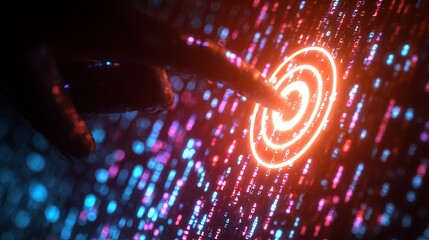 A close-up of a hand reaching towards a glowing digital target amidst a backdrop of binary code.