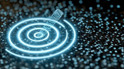 A futuristic representation of data flow, featuring glowing binary code and concentric circles emanating from a central point.