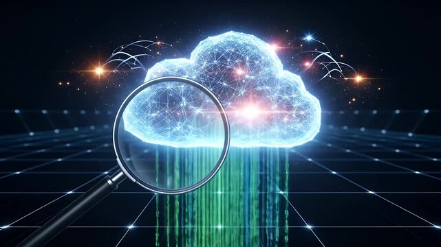 Futuristic Cloud Computing Analysis: Magnifying Glass Inspects a Digital Plexus Network and Data Flow.