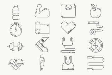 Fitness, health & wellness icons, black line art collection vector