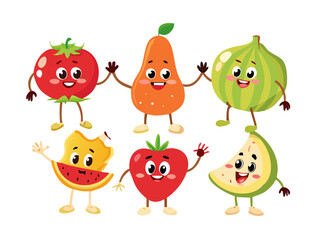 Retro groovy fruit characters. Funky cartoon mascot of apple pear strawberry banana watermelon with happy smile face, hands and feet. Vintage summer vector illustration. Fruits juicy sticker pack