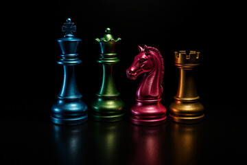 Metallic Chess Pieces: King, Queen, Knight, Rook; Dark Background; Strategic Game Concept