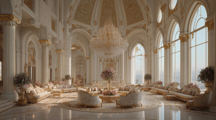 Luxury interior design grand hall with chandelier and elegant furniture