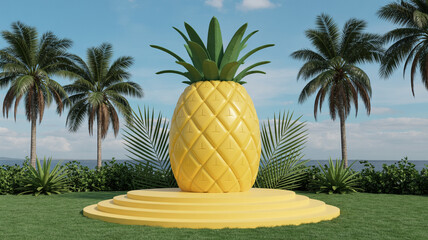 Giant yellow pineapple sculpture on a tropical podium with palm trees and ocean views
