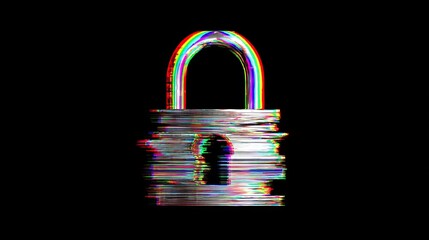 A colorful, glitch-art representation of a padlock set against a black background, symbolizing security and digital protection.